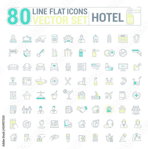 Vector graphic set.Icons in flat, contour,thin and linear design.Hotel and its services.Simple isolated icon on white background.Concept illustration for Web site, app.Sign,symbol,emblem.