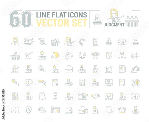 Vector graphic set. Icons in flat, contour, thin and linear design.Court. Judge. Trial..Simple icon on white background.Concept illustration for Web site, app.Sign, symbol, emblem.