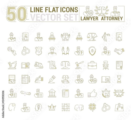 Vector graphic set. Icons in flat, contour, thin and linear design.Lawyer. Law and case law. Simple icon on white background.Concept illustration for Web site, app. Sign, symbol, emblem.