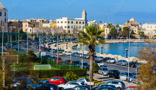 Panoramic view of Bari seafront in the background Basilica San Nicola. Apulia.