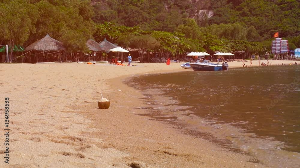 The coastline exotic island. Palm trees, sandy beach, unrecognizable people with different activities. The coastline exotic island. Palm trees, sandy beach, unrecognizable people with different activities.