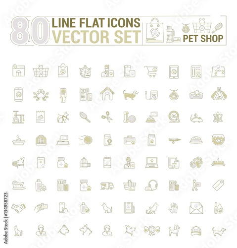 Vector graphic set. Icons in flat, contour, thin and linear design.Shop accessories for pets and owners.Simple icon on white background.Concept illustration for Web site, app.Sign, symbol, emblem.