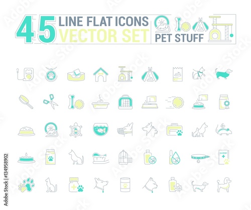 Vector graphic set. Icons in flat, contour, thin and linear design.Stuff for pets and their owners.Simple icon on white background.Concept illustration for Web site, app.Sign, symbol, emblem.