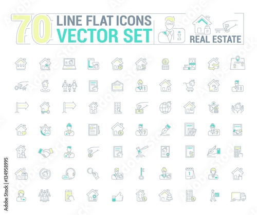 Vector graphic set. Icons in flat, contour, thin and linear design.Real estate.Simple isolated icon on white background.Concept illustration for Web site, app.Sign, symbol, emblem.