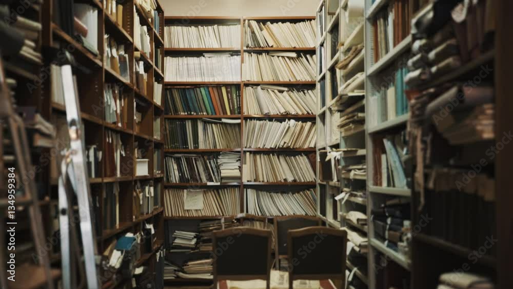 Lights turns on in an old style library interior. Stepladder, books and folders