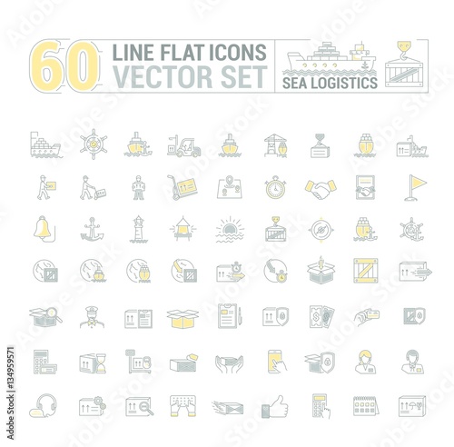 Vector graphic set. Icons in flat, contour, thin and linear design.Sea Logistics.Sending freight by sea route.Simple icon on white background.Concept illustration for Web site, app.Sign,symbol,emblem.