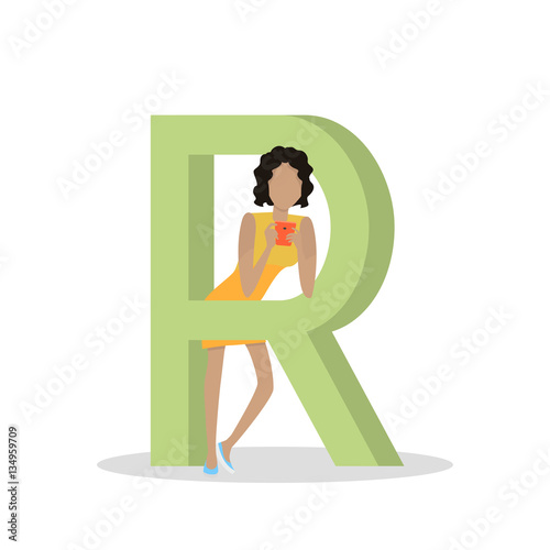 R Letter and Girl Plays on Smartphone. ABC Vector