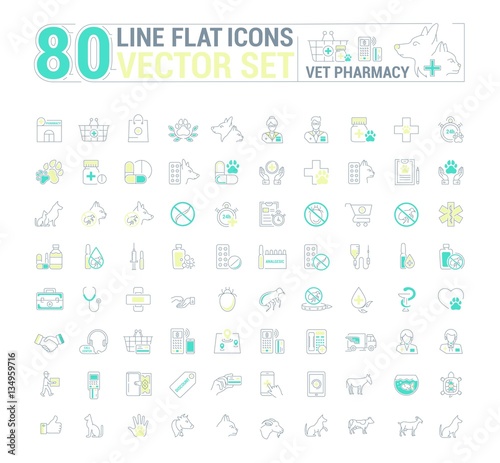 Vector graphic set. Icons in flat, contour, thin and linear design.Vet pharmacy. Preparations for animals.Simple icon on white background.Concept illustration for Web site, app. Sign, symbol, emblem.