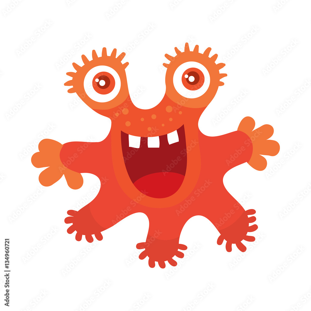 Fototapeta premium Funny Smiling Germ. Red Monster Character. Vector