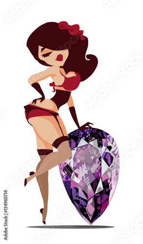 Girl in lingerie pose with brilliant diamond isolated on white background.