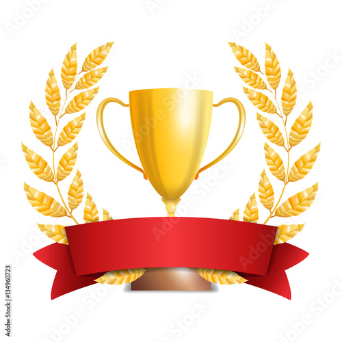 Golden Trophy Cup With Laurel Wreath And Red Ribbon. Award Design. Winner Concept. Isolated On White Background. Vector Illustration