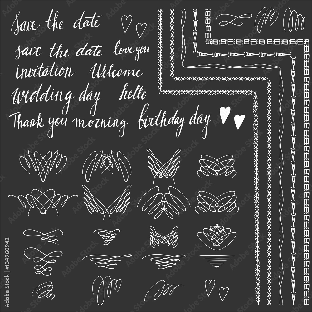 Calligraphy elements, borders, brushes, decorations and lettering. Vector set.