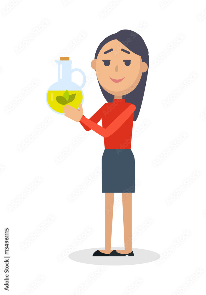 Woman with Bottle of Virgin Olive Oil Flat Vector Woman with Bottle of Virgin Olive Oil Flat Vector