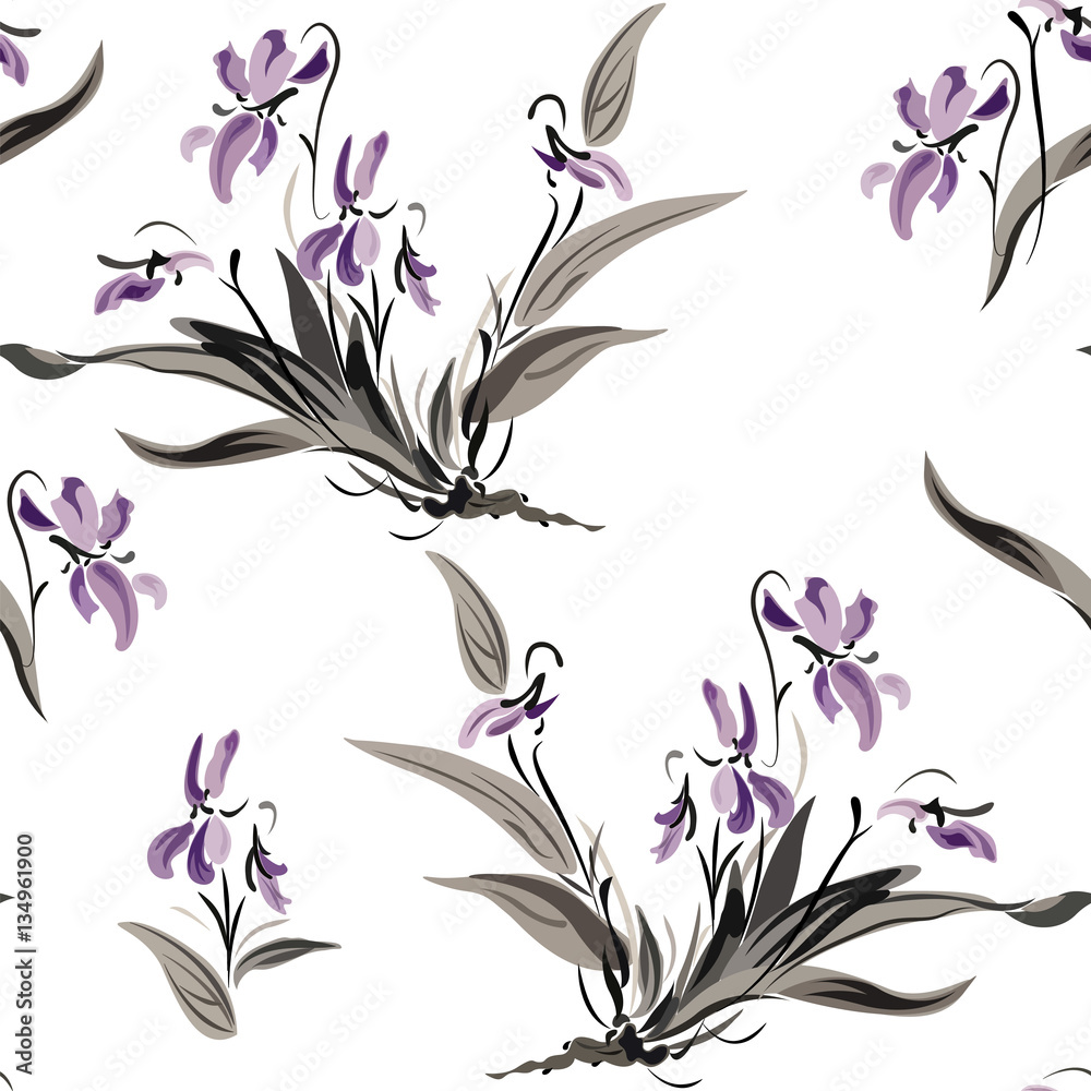 Seamless pattern of exotic purple flowers on a white background.