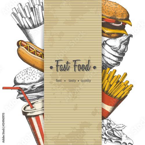 Background with hand-drawn fast food isolated on white. Sketch, engraving, hatching. Vector Design elements for menu, advertising or packaging.