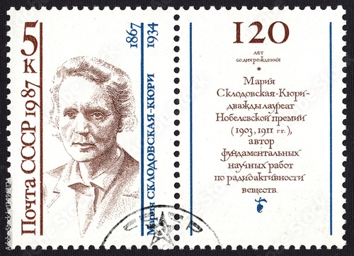 Marie Sklodowska-Curie-Nobel laureate.French (Polish) scientist-experimenter.Postage stamp USSR 1987 photo