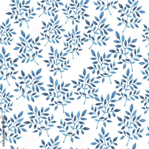 Seamless pattern with blue branchea and leaves on white background. Hand drawn watercolor illustration.