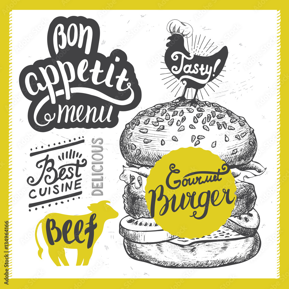 Burger food element for restaurant and cafe. Burger food element for restaurant and cafe.