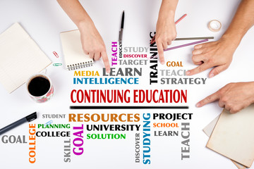 Continuing Education word cloud. The meeting at the white office table.