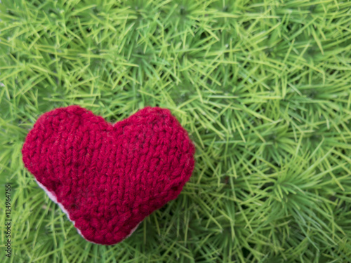 Red knitted heart on green grass