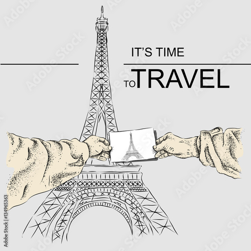 Vector illustration a photo frame in hands of the person. The person holds photo of Eiffel Tower in hand.