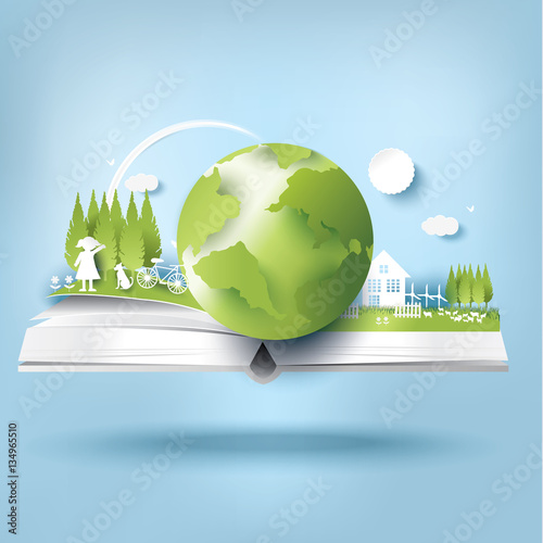 eco paper art design style, tree and family with nature.vector illustration