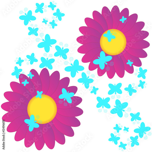 Flowers with butterflies on white background