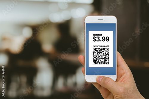 Paying for Goods and Services by Smartphone Using E-Wallet App and E-Money, Fintech Concept