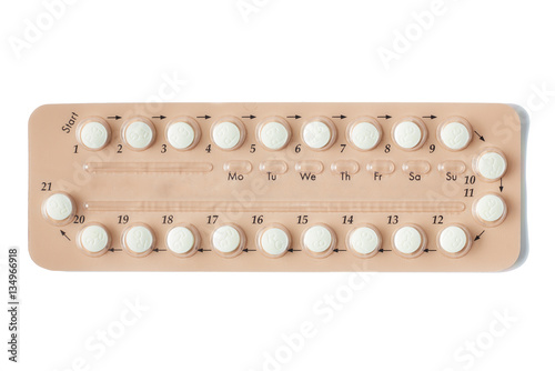 Colorful oral contraceptive pill strips isolated on white background with clipping path. birth control pill - healthcare and medicine. Strip of Contraceptive Pill with English Instructions.