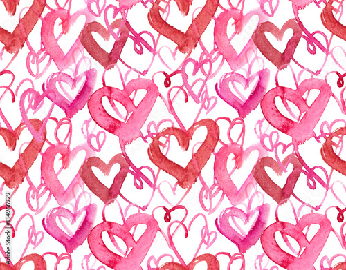 Seamless pattern with endless hand drawn pink and red hearts painted in watercolor on white isolated background
