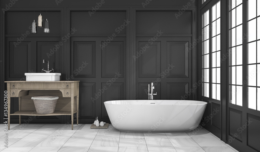 3d rendering black classic bathroom and toilet near window 3d rendering black classic bathroom and toilet near window