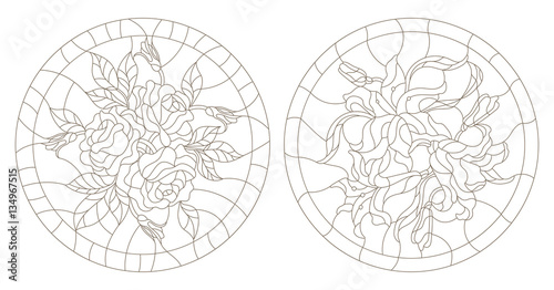 Set contour illustrations of the round stained glass with roses and lilies