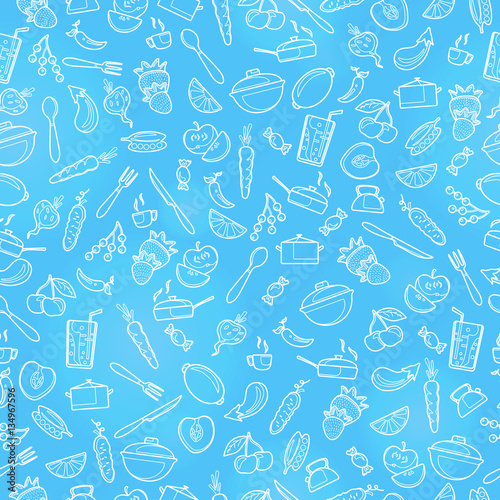 Seamless pattern with outline icons on a theme kitchen accessories and food , a light outline on a blue background