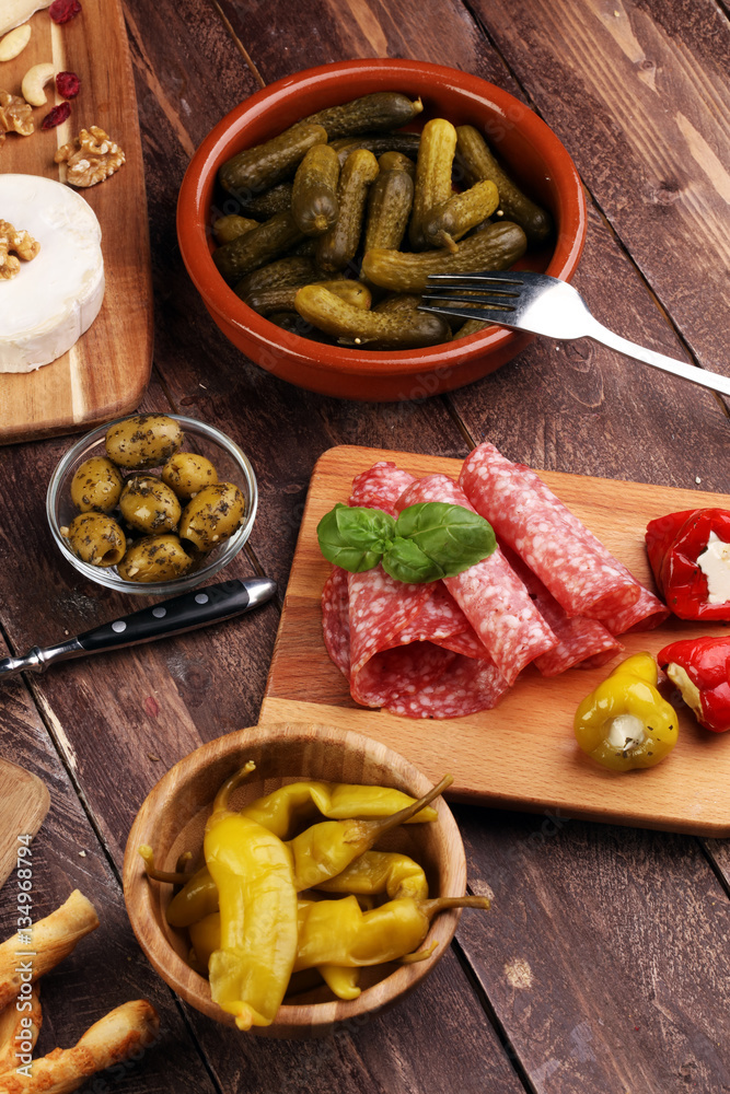 Italian antipasti wine snacks set. Cheese variety, Mediterranean Italian antipasti wine snacks set. Cheese variety, Mediterranean