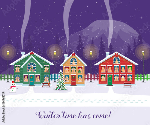 Winter time has come. Postcard with pretty houses in the snow. Decorated Christmas elements.