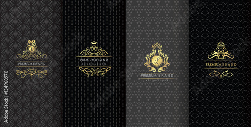  Collection of design elements,labels,icon,frames, for packaging,design of luxury products.Made with golden foil.Isolated on black background. vector illustration photo