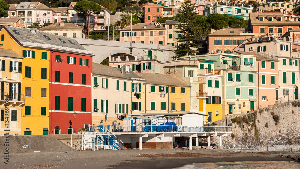 Typical colored houses in the seafront of Bogliasco, near Genoa