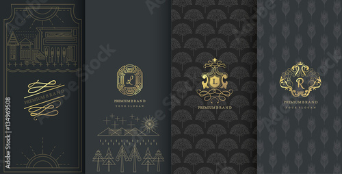  Collection of design elements,labels,icon,frames, for packaging,design of luxury products.Made with golden foil.Isolated on black background. vector illustration