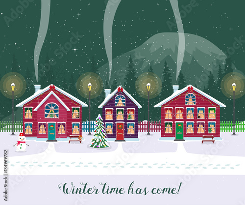 Winter time has come. Postcard with pretty houses in the snow. Decorated Christmas elements.