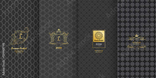  Collection of design elements,labels,icon,frames, for packaging,design of luxury products.Made with golden foil.Isolated on black background. vector illustration