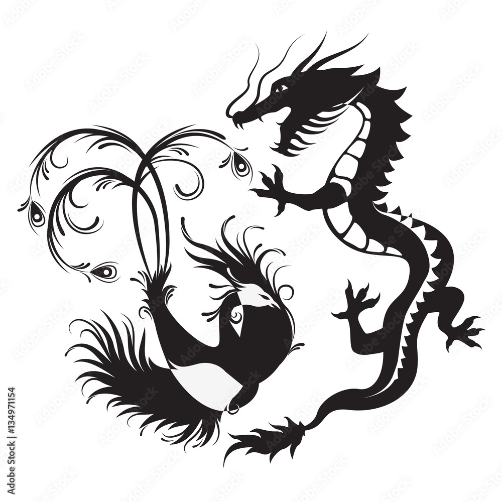 Vecteur Stock Silhouette of phoenix bird and dragon. Symbol of balance.  Dragon that in such a combination would be a symbol of masculine Yang  energy, while Phoenix - embody the feminine energy.