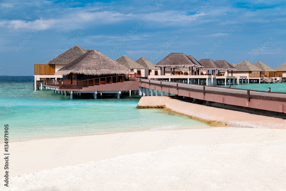 Water bungalows resort at islands. Indian Ocean, Maldives