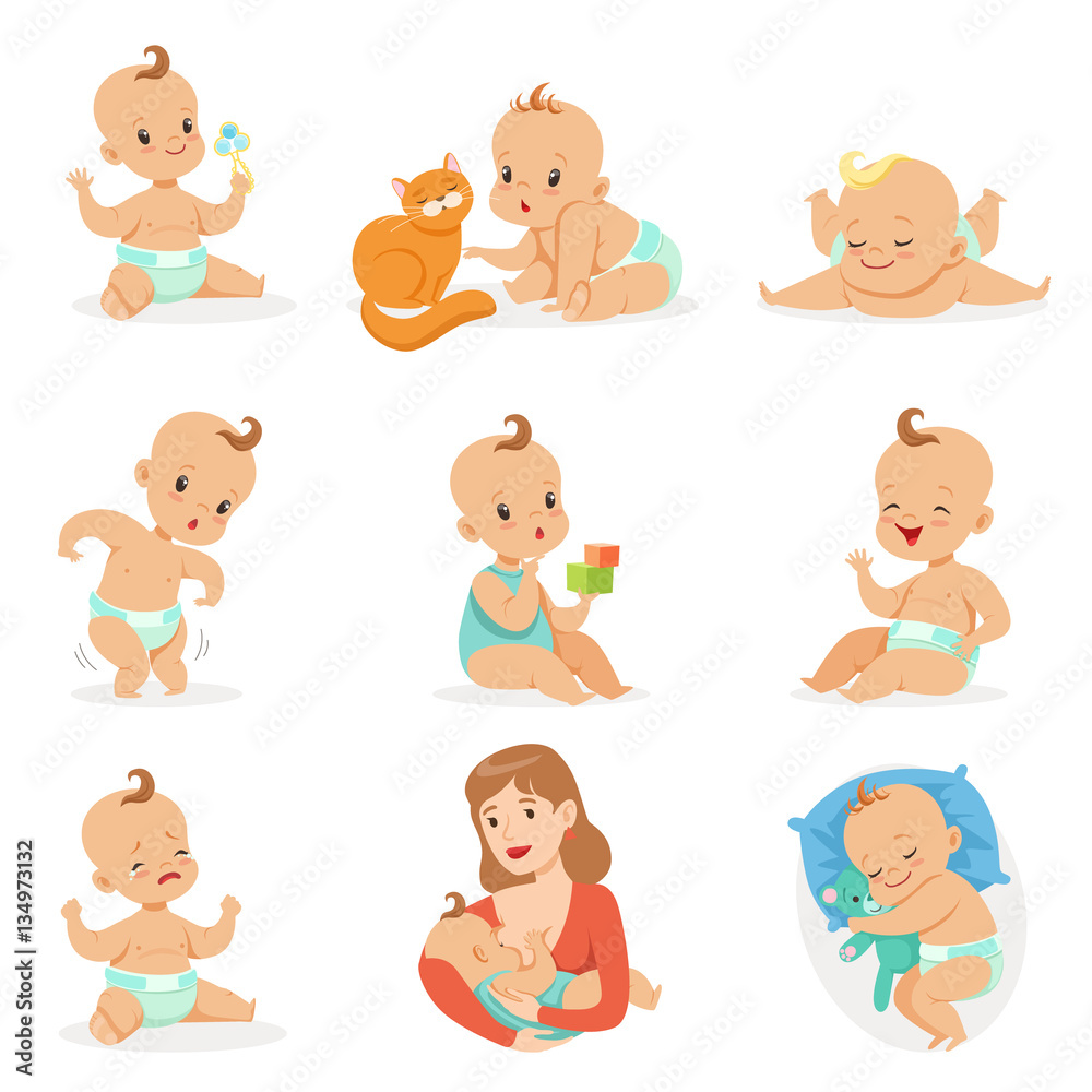 Adorable Happy Baby And His Daily Routine Set Of Cute Cartoon Infancy And Infant Illustrations Adorable Happy Baby And His Daily Routine Set Of Cute Cartoon Infancy And Infant Illustrations