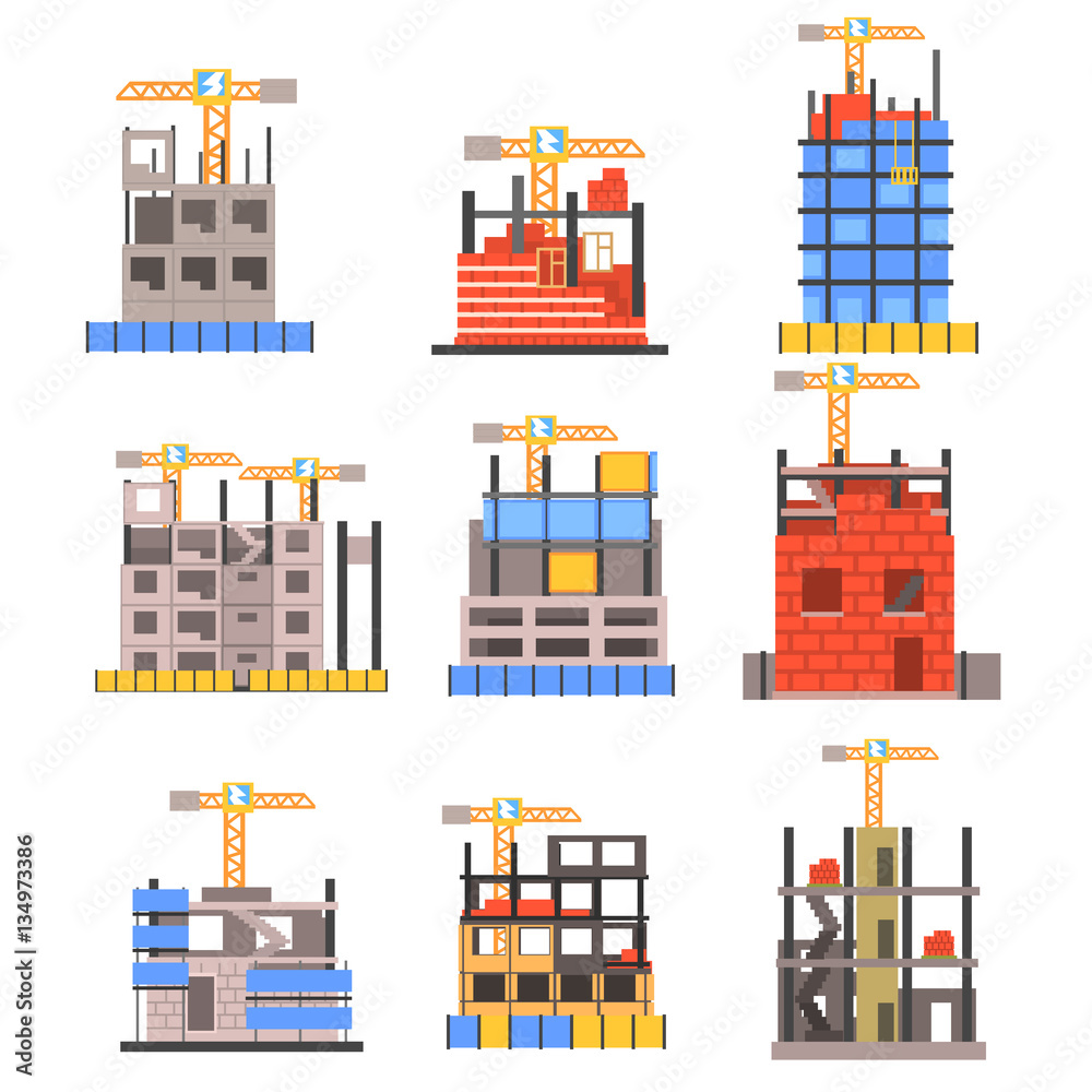 Unfinished Modern Building Construction Set With No People And Lifting Crane Set Of Icons
