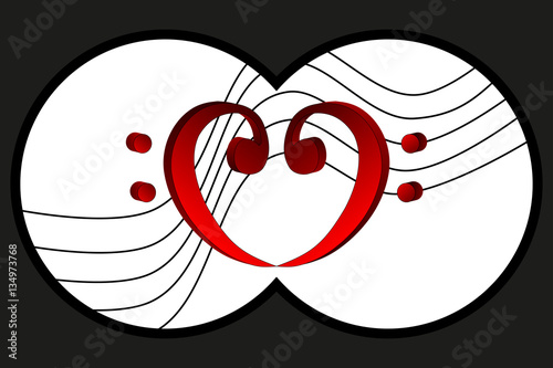 Binoculars view, Heart - bass clef, Music note stave and heart bass clef,