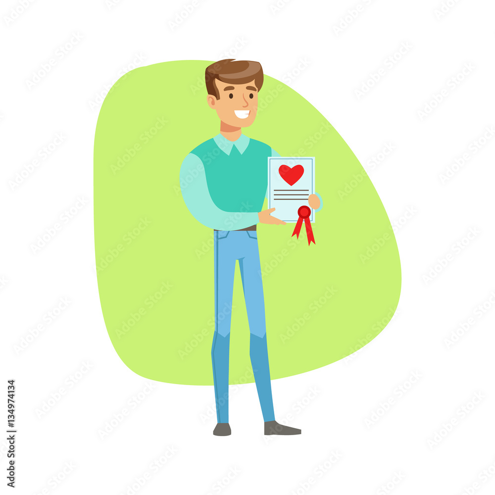 Smiling Man Holding Life Insurance Constract , Insurance Company Services Infographic Illustration