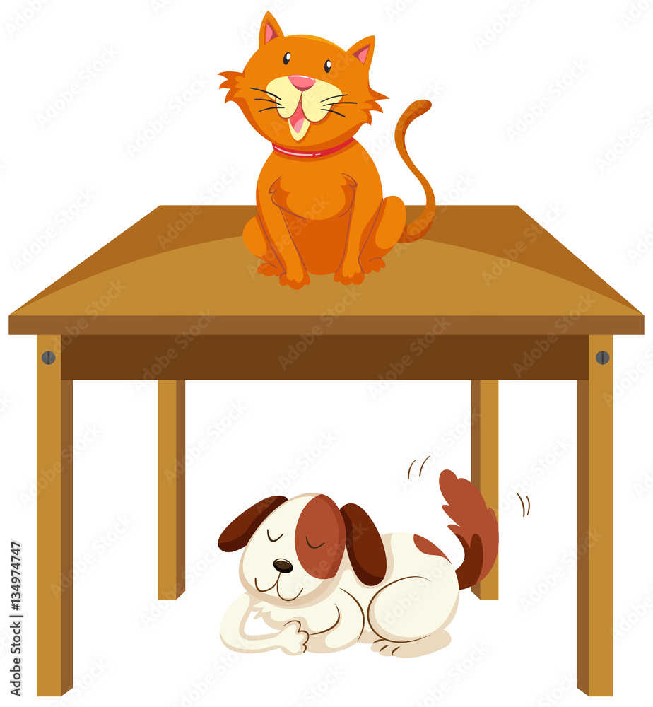 Cat on the table and dog under the table Stock Vector | Adobe Stock