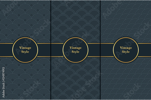 Vintage pattern on black background. Seamless pattern with golden frame for design in retro style. Universal pattern for wallpapers, textiles, fabrics, wrapping papers, packaging boxes etc