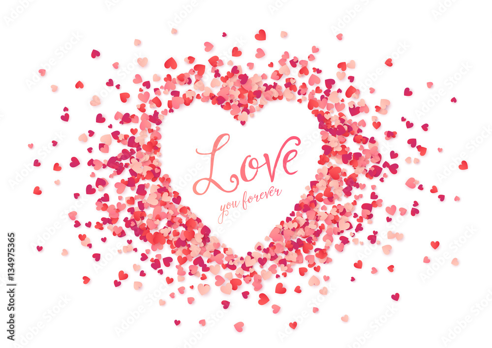 Vector pink hearts confetti heart shape frame with Love you forever sign Vector pink hearts confetti heart shape frame with Love you forever sign