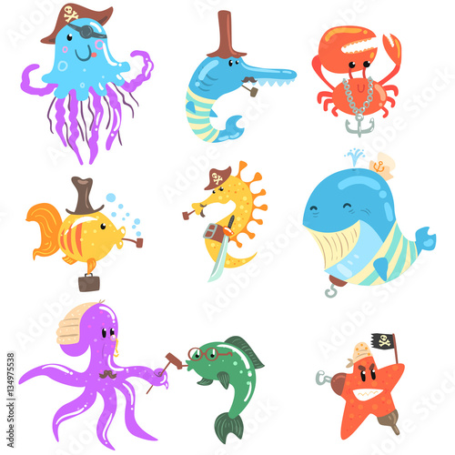 Marine Animals And Underwater Wildlife With Pirate And Sailor Accessories And Attributes Set Of Comic Cartoon Characters